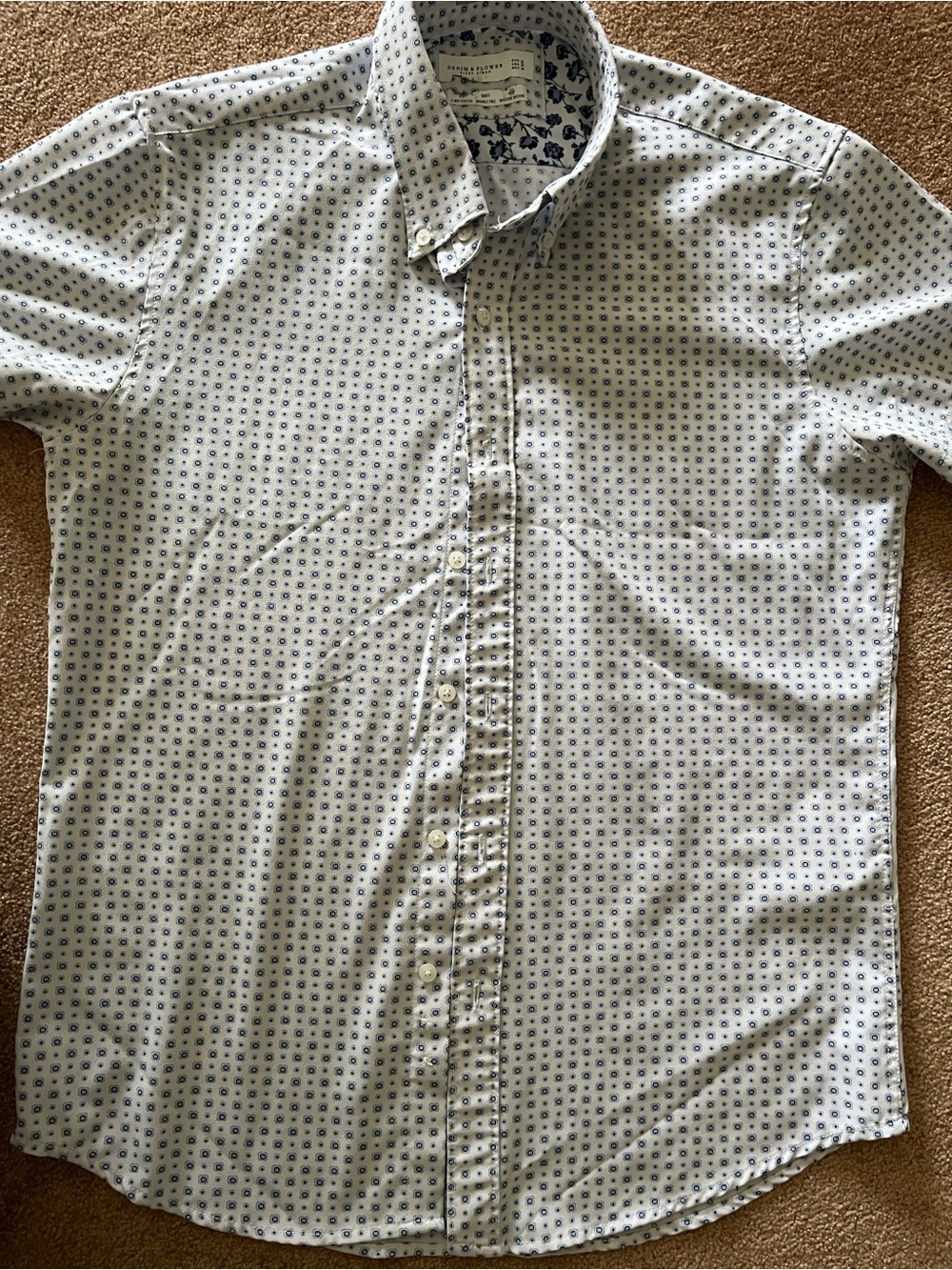Denim & Flower White Button-Down Shirt with Navy Microprint